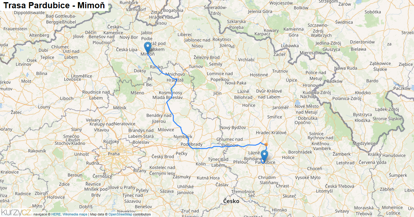 Pardubice-Mimoň, mapa trasy