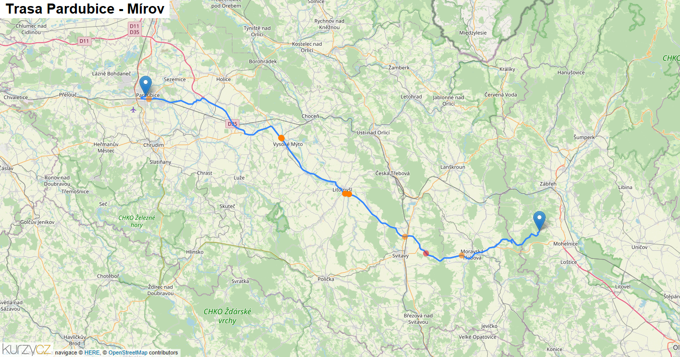 Pardubice-Mírov, mapa trasy