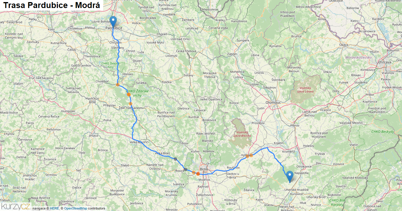 Pardubice-Modrá, mapa trasy
