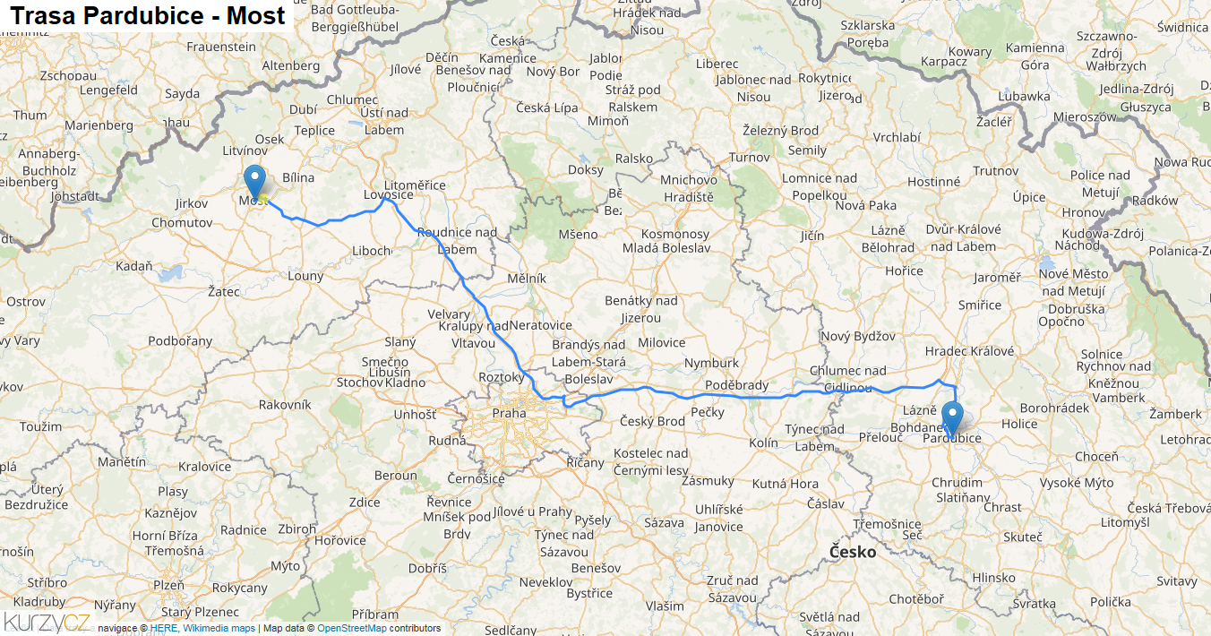 Pardubice-Most, mapa trasy