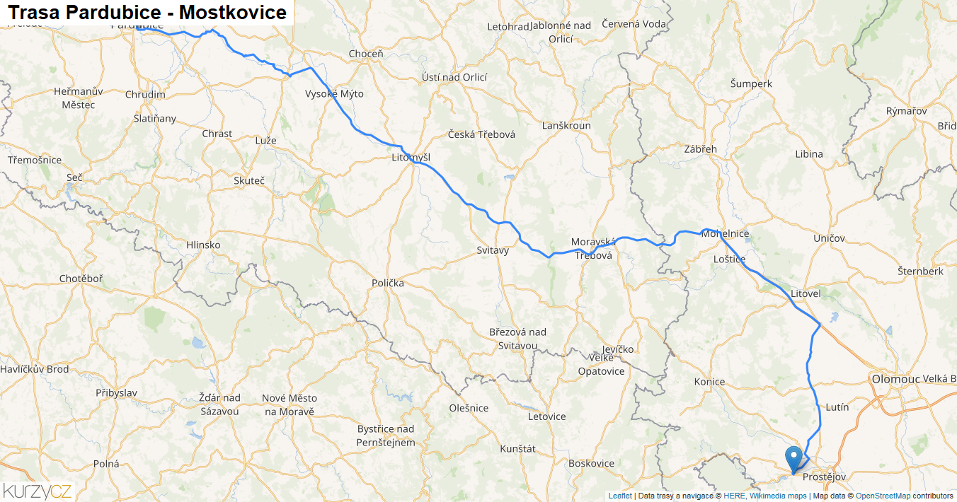 Pardubice-Mostkovice, mapa trasy