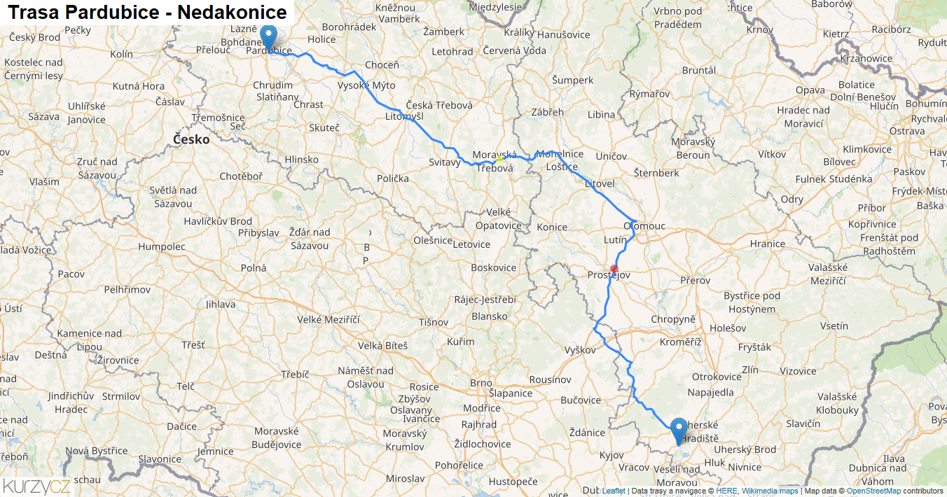 Pardubice-Nedakonice, mapa trasy
