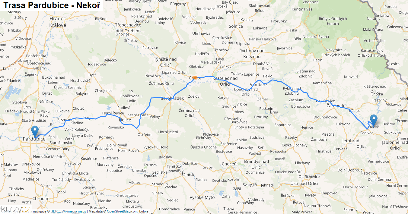 Pardubice-Nekoř, mapa trasy