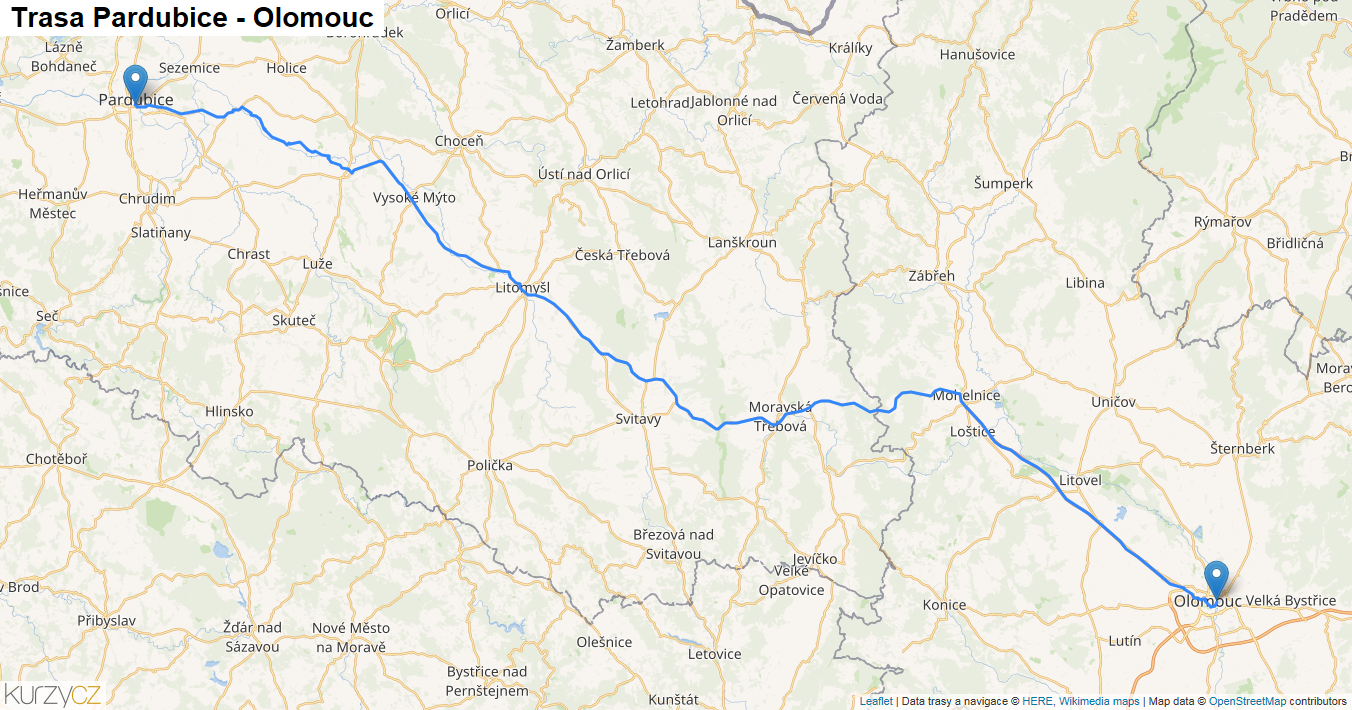 Pardubice-Olomouc, mapa trasy