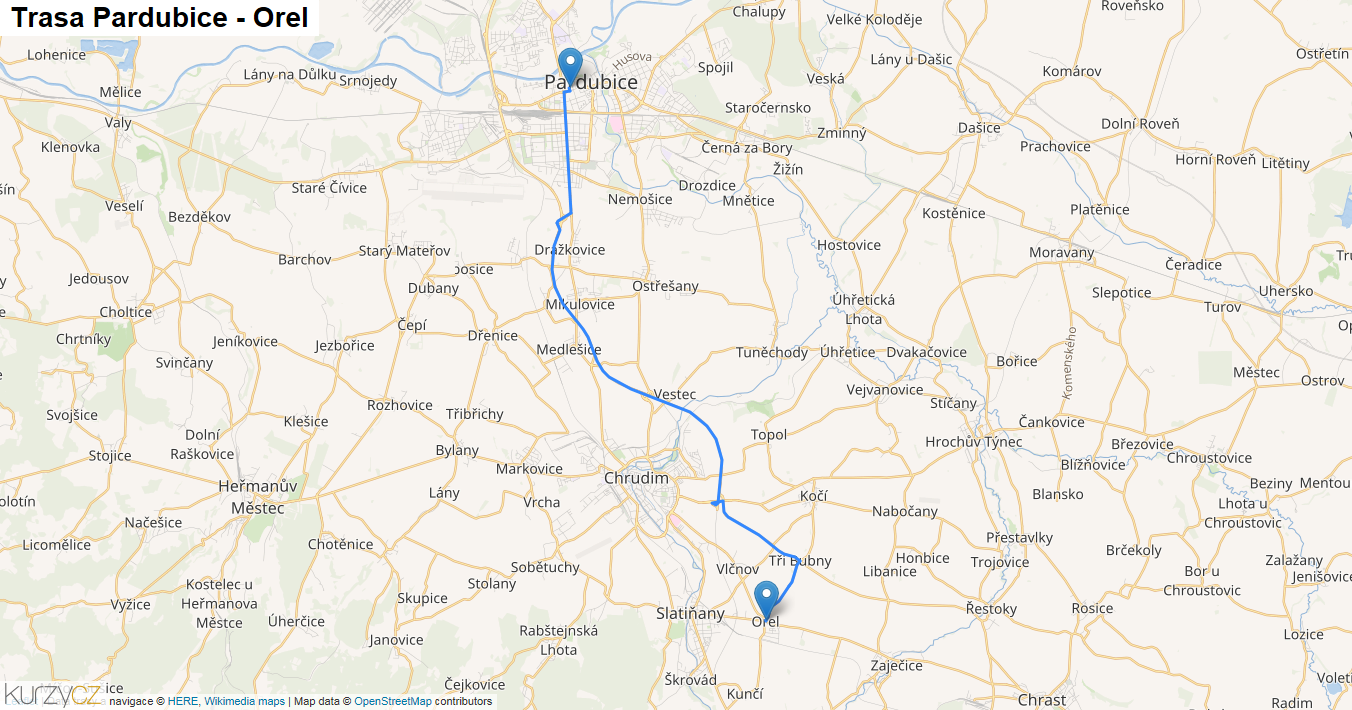 Pardubice-Orel, mapa trasy
