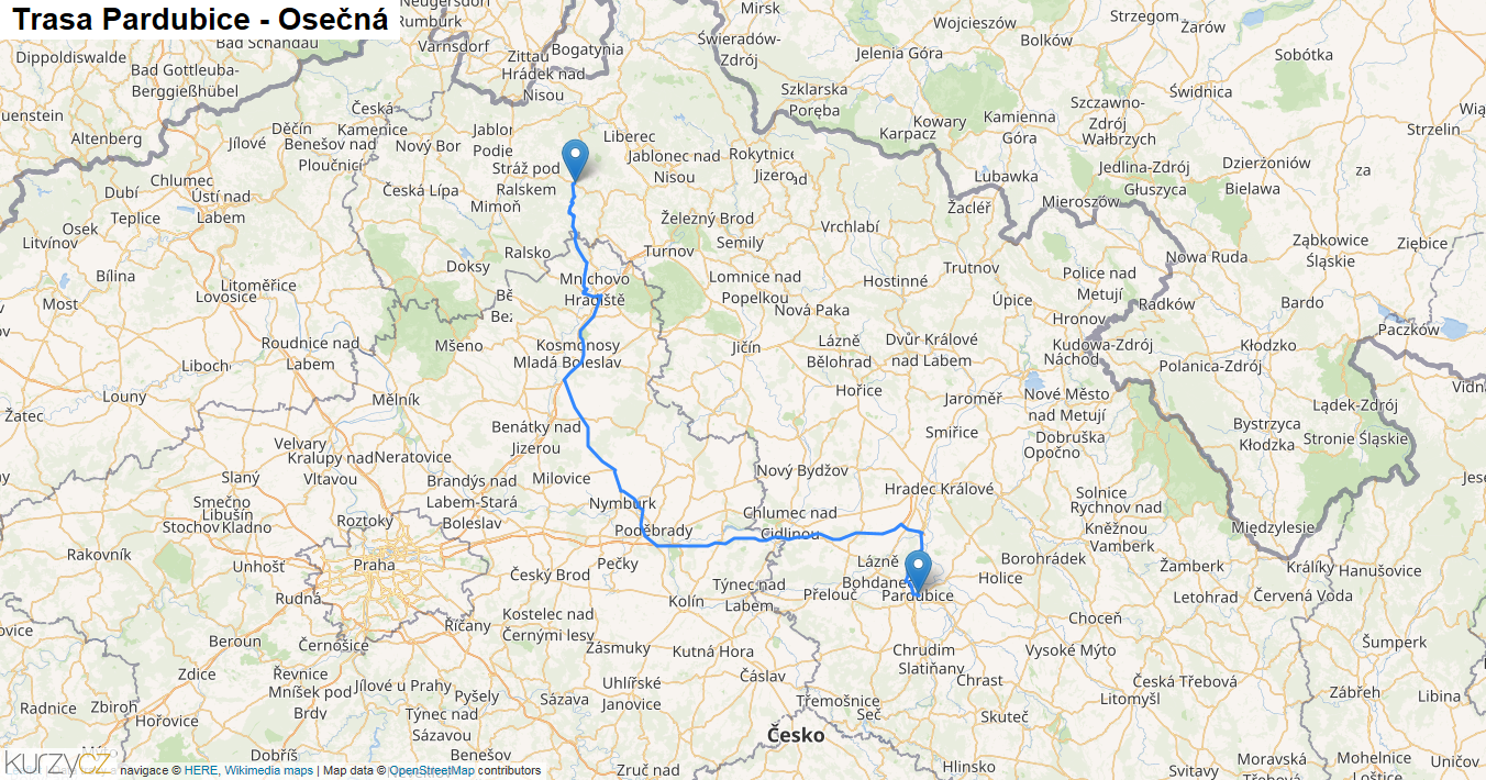 Pardubice-Osečná, mapa trasy