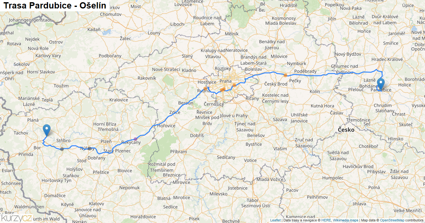 Pardubice-Ošelín, mapa trasy