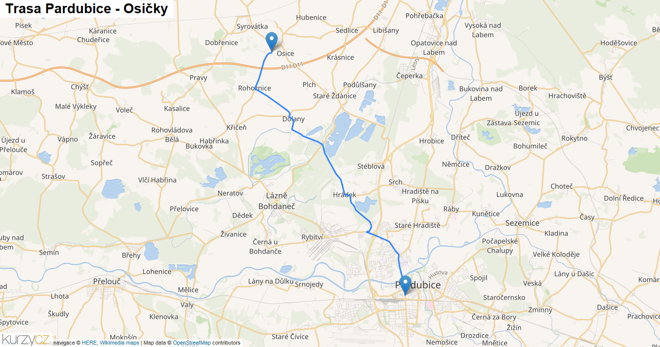Pardubice-Osičky, mapa trasy