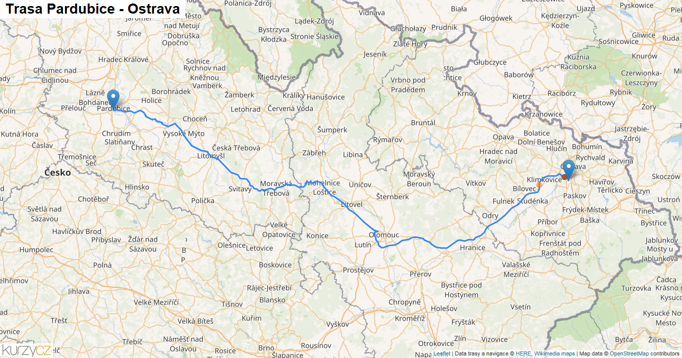 Pardubice-Ostrava, mapa trasy