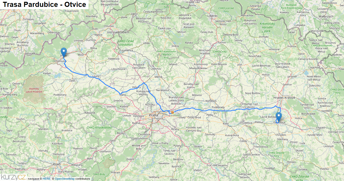Pardubice-Otvice, mapa trasy