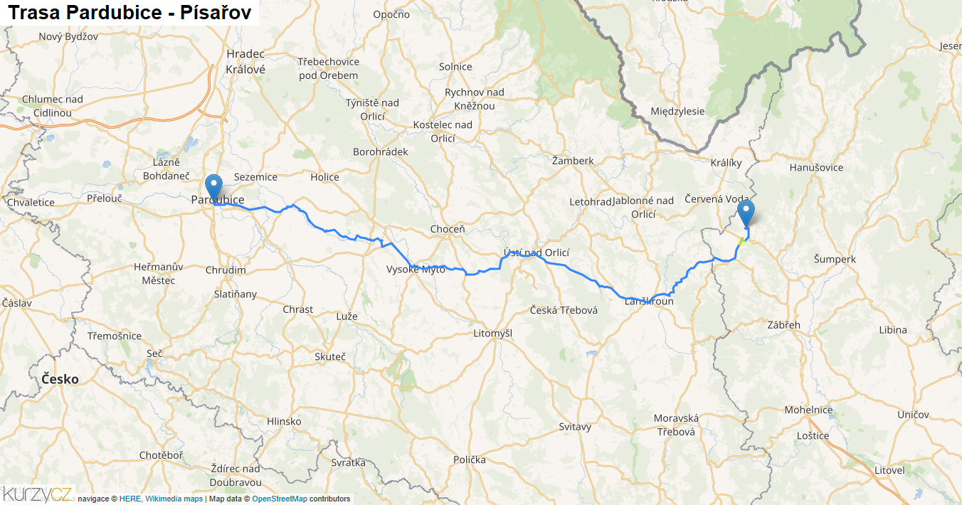 Pardubice-Písařov, mapa trasy