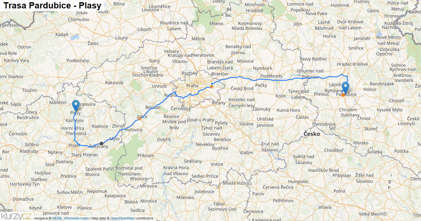 Pardubice-Plasy, mapa trasy