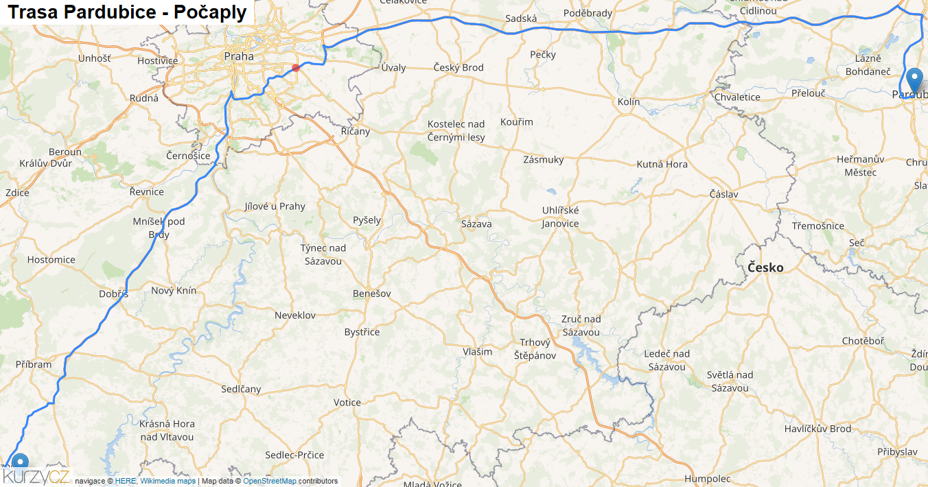 Pardubice-Počaply, mapa trasy