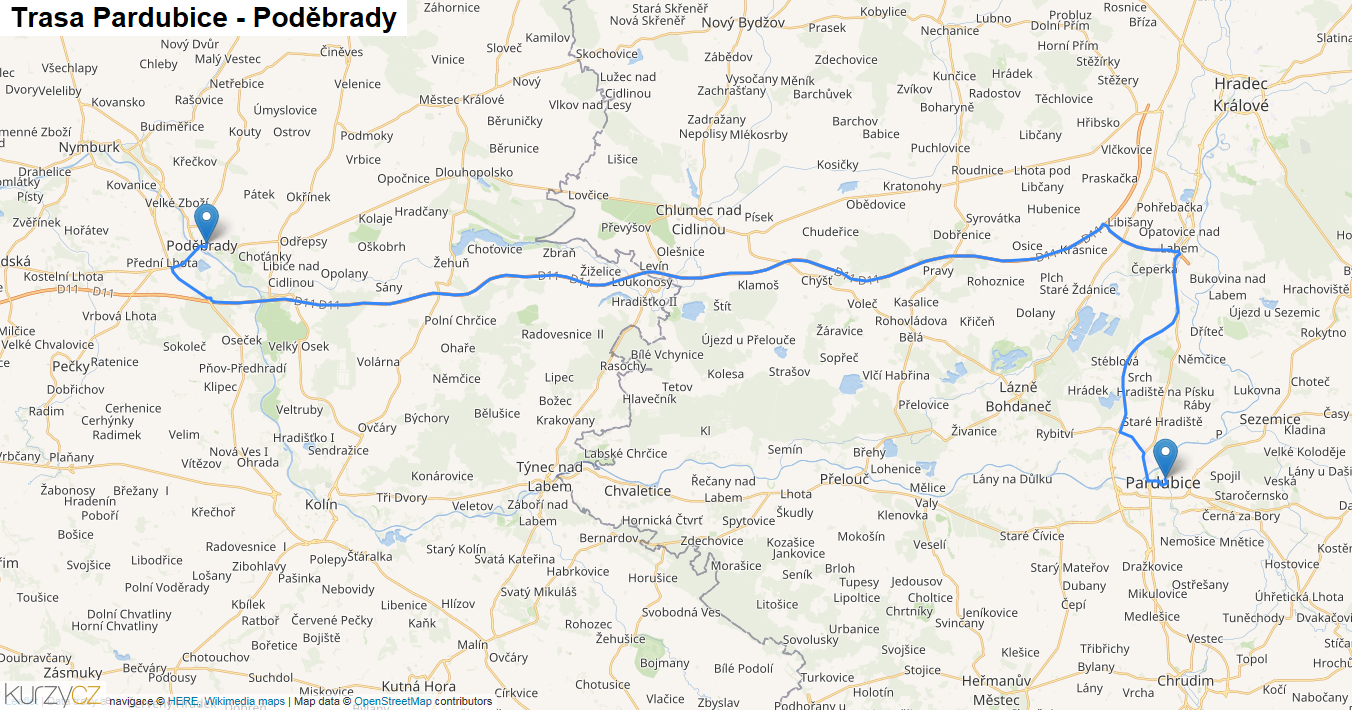 Pardubice-Poděbrady, mapa trasy