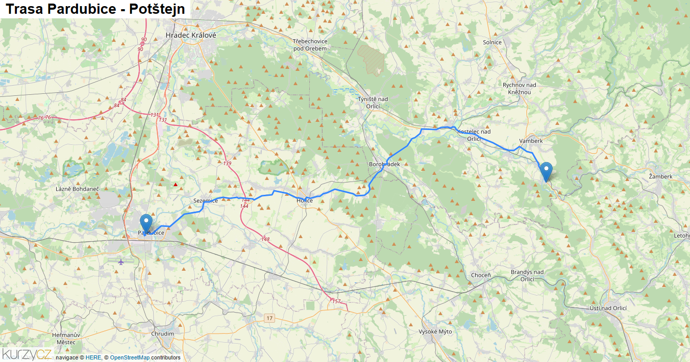 Pardubice-Potštejn, mapa trasy