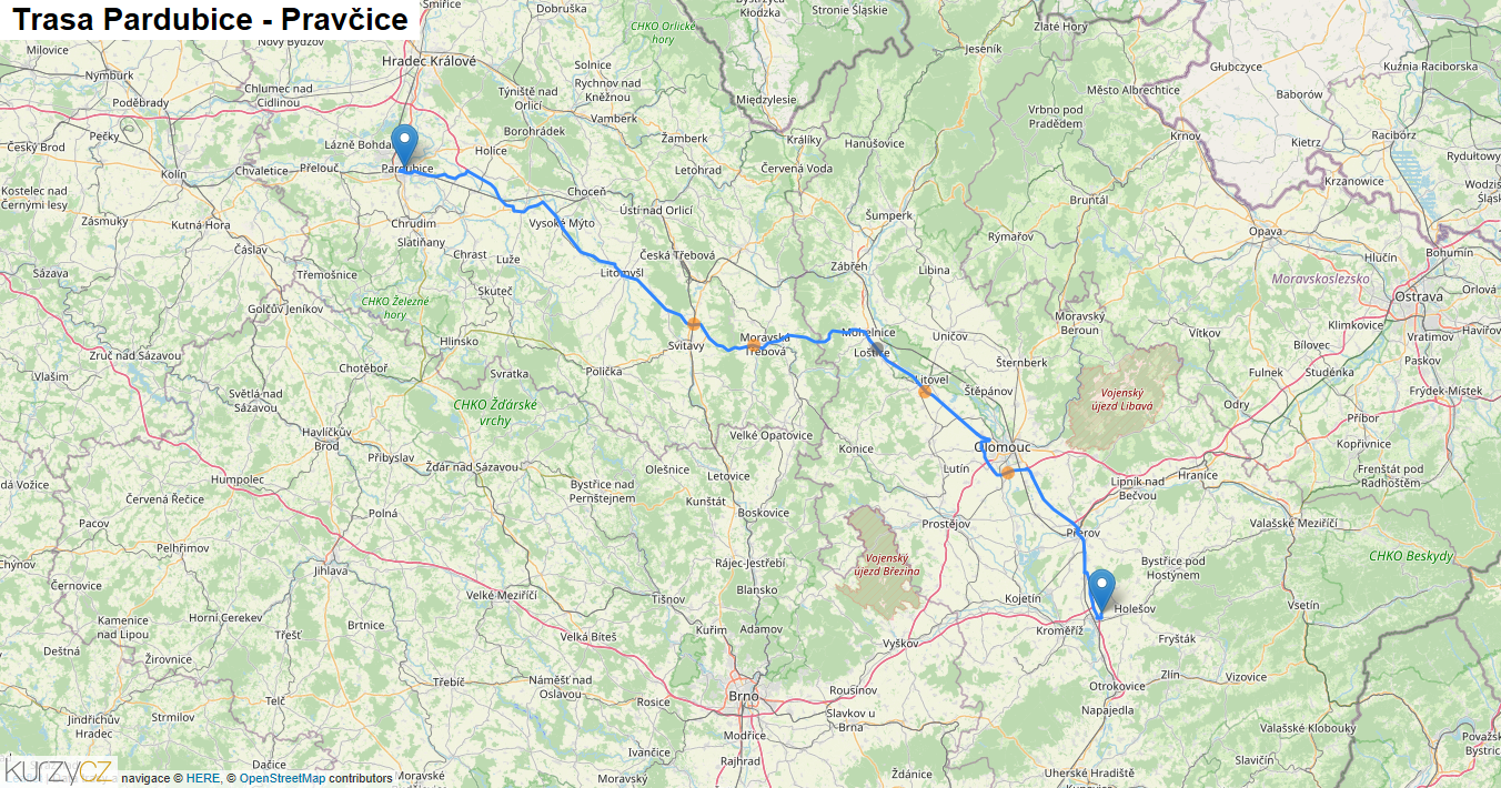 Pardubice-Pravčice, mapa trasy