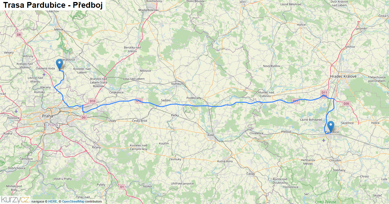 Pardubice-Předboj, mapa trasy