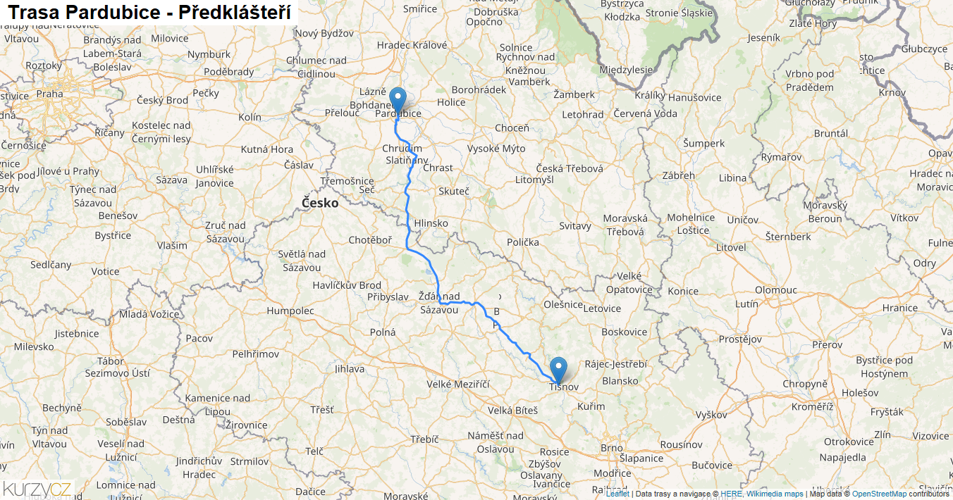 Pardubice-Předklášteří, mapa trasy