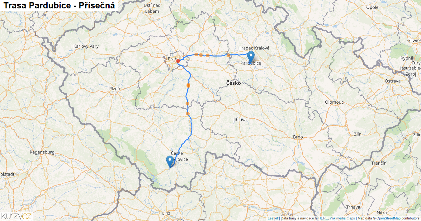 Pardubice-Přísečná, mapa trasy