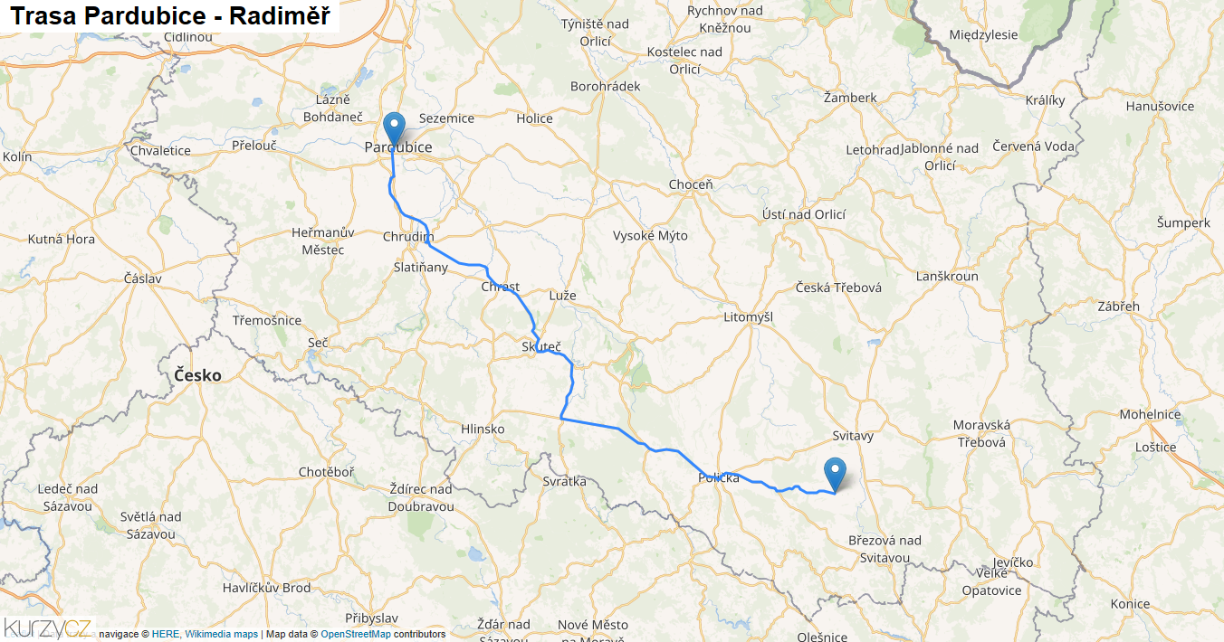Pardubice-Radiměř, mapa trasy