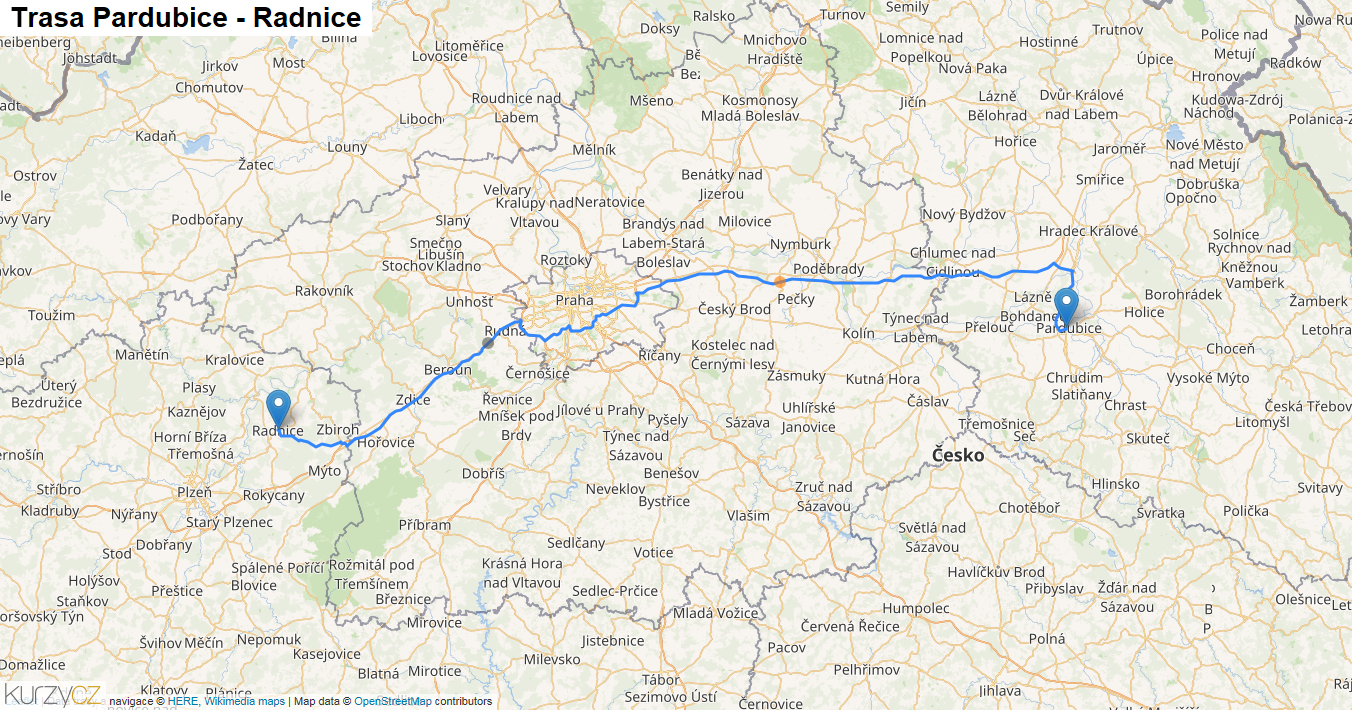 Pardubice-Radnice, mapa trasy