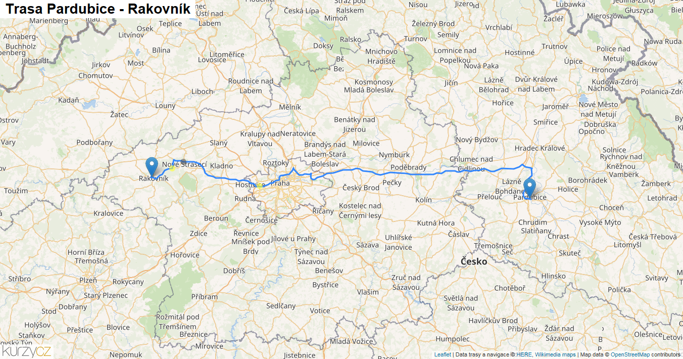 Pardubice-Rakovník, mapa trasy
