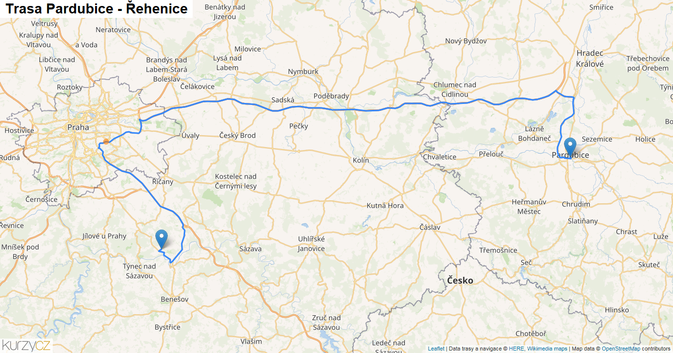 Pardubice-Řehenice, mapa trasy