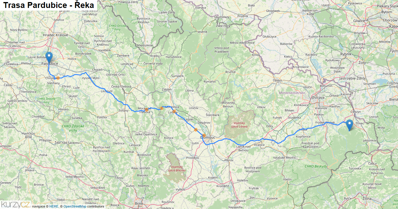 Pardubice-Řeka, mapa trasy