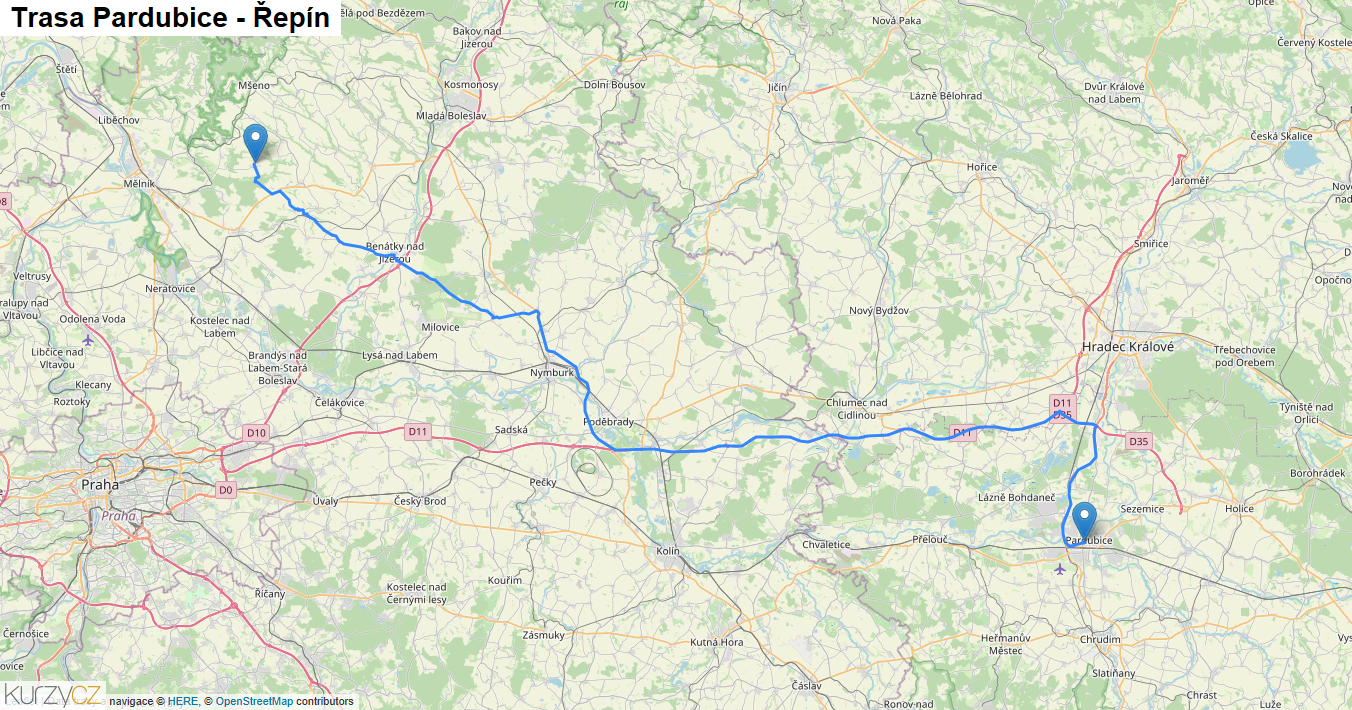 Pardubice-Řepín, mapa trasy