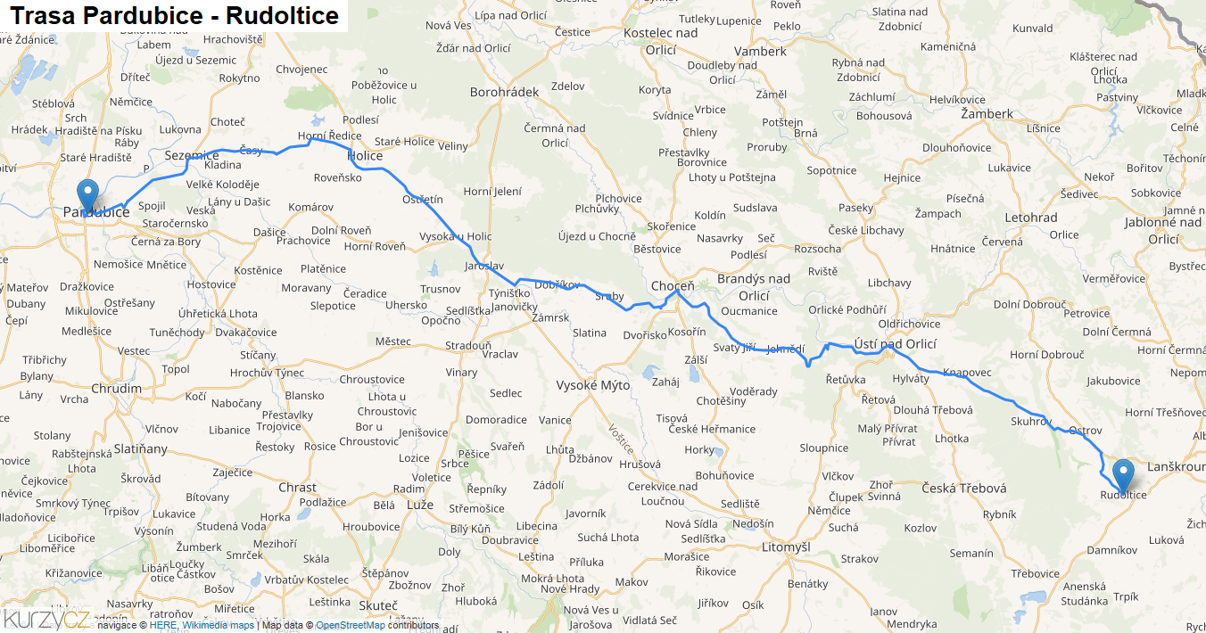 Pardubice-Rudoltice, mapa trasy