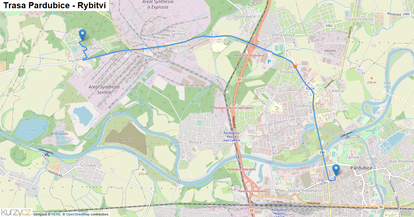 Pardubice-Rybitví, mapa trasy
