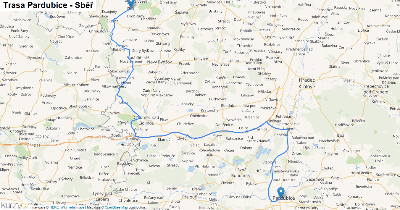 Pardubice-Sběř, mapa trasy