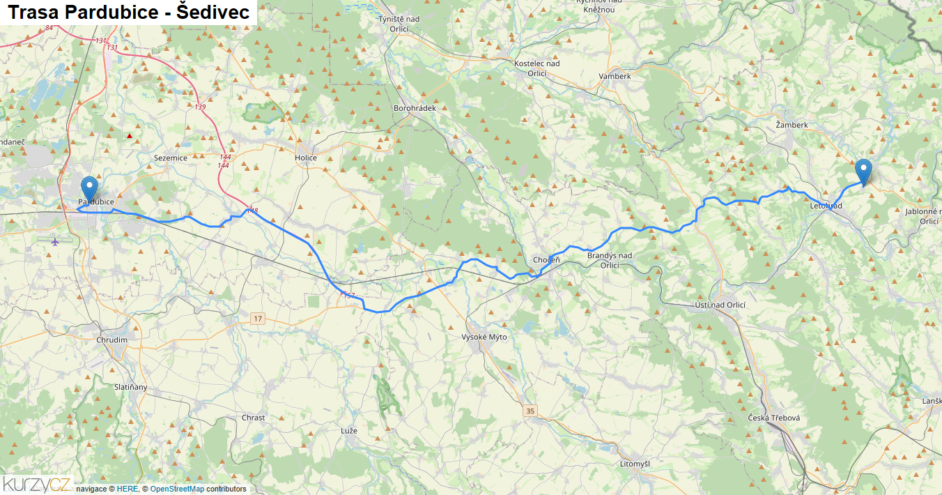 Pardubice-Šedivec, mapa trasy