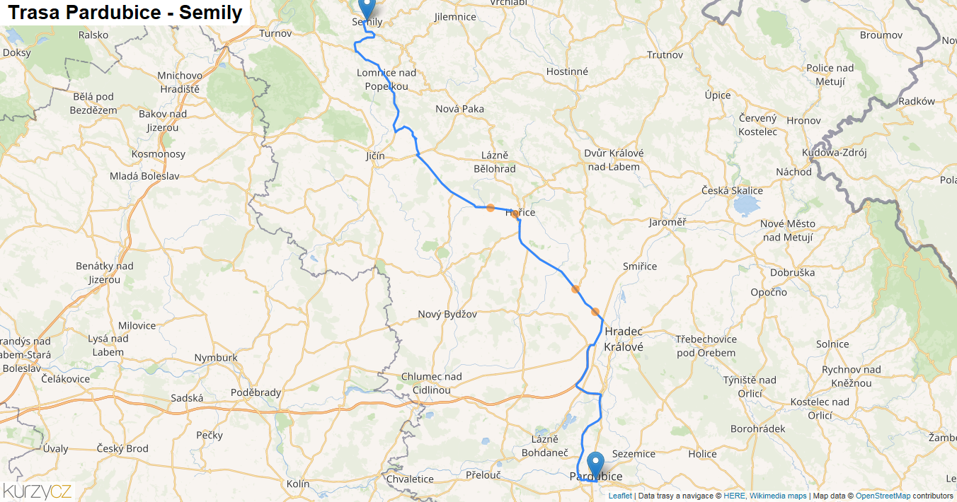 Pardubice-Semily, mapa trasy