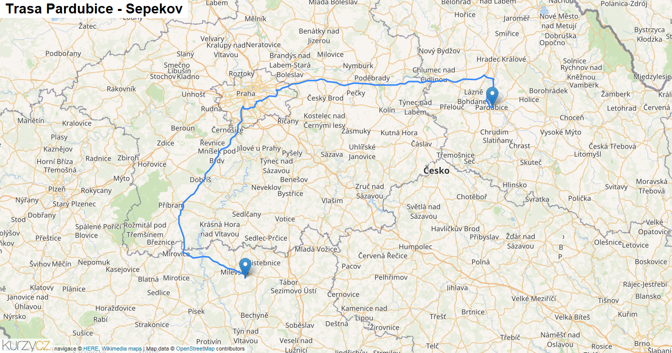 Pardubice-Sepekov, mapa trasy