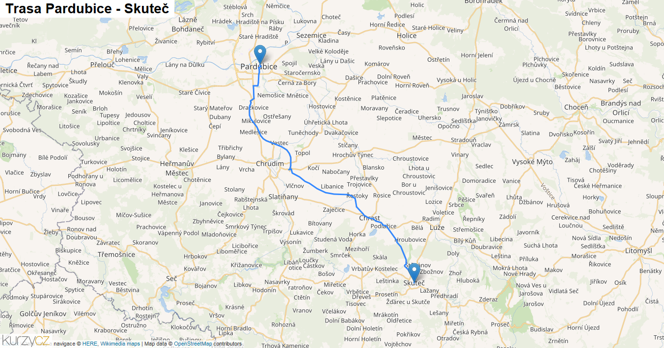 Pardubice-Skuteč, mapa trasy