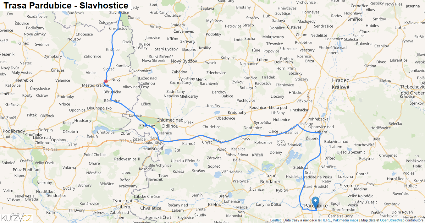Pardubice-Slavhostice, mapa trasy