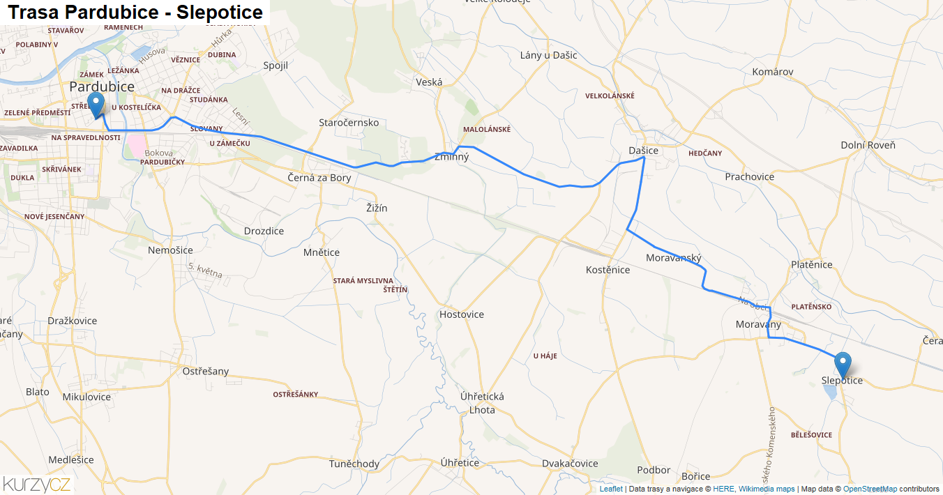 Pardubice-Slepotice, mapa trasy