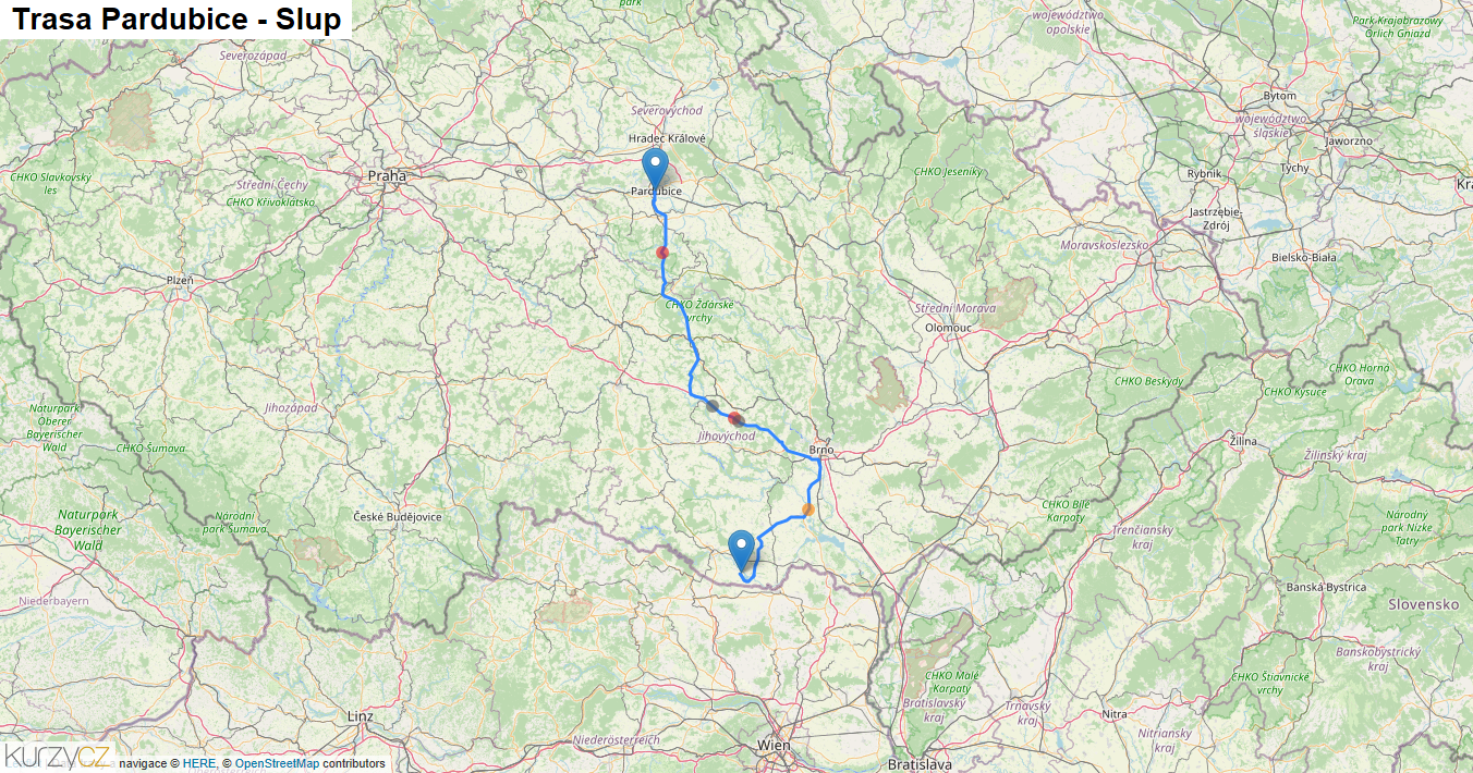 Pardubice-Slup, mapa trasy