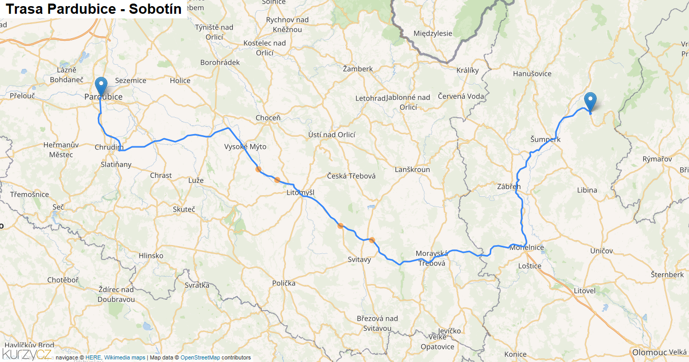 Pardubice-Sobotín, mapa trasy