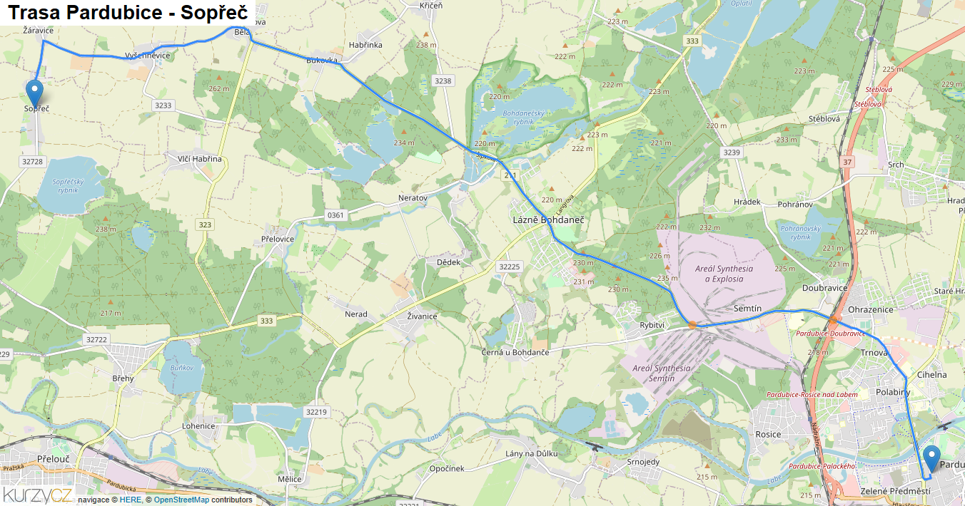 Pardubice-Sopřeč, mapa trasy