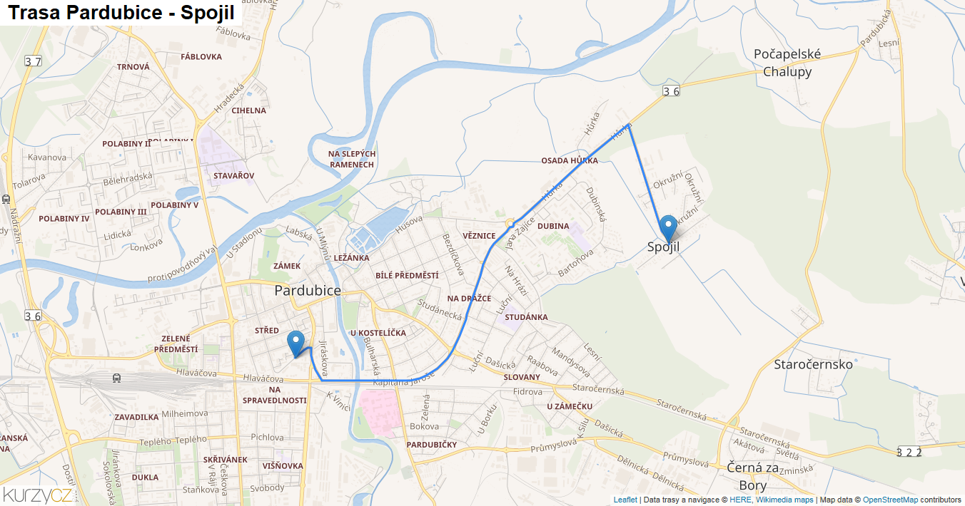 Pardubice-Spojil, mapa trasy