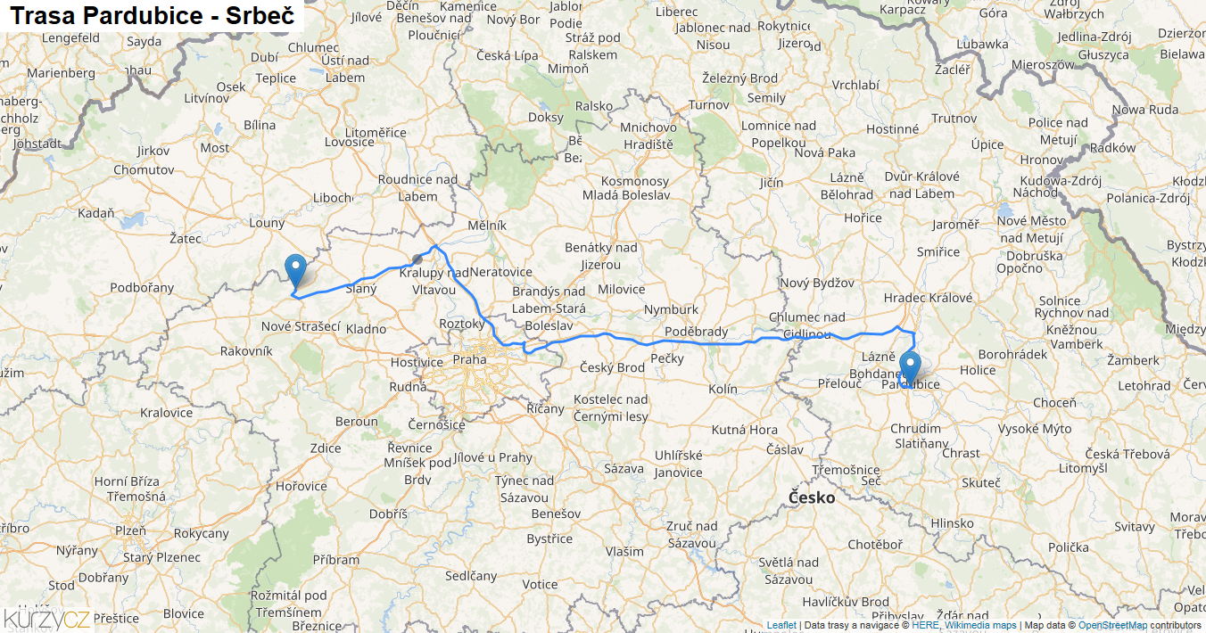 Pardubice-Srbeč, mapa trasy