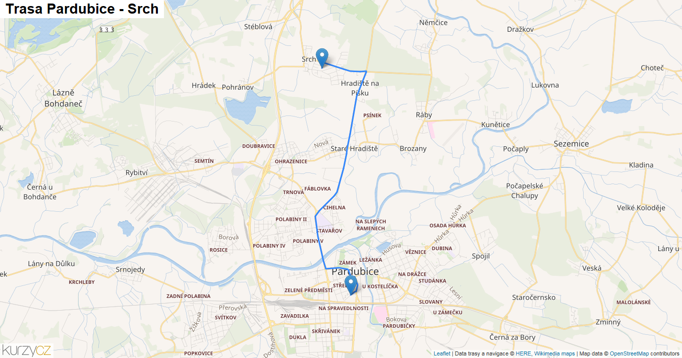 Pardubice-Srch, mapa trasy