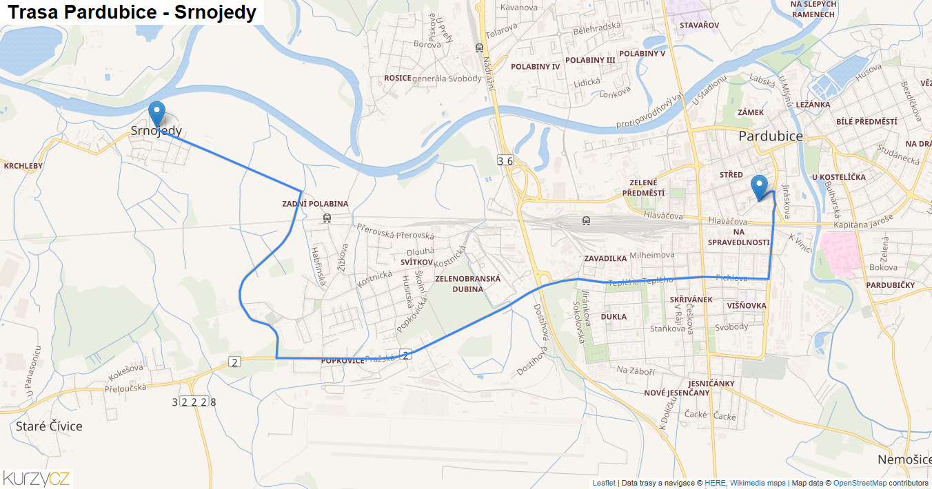 Pardubice-Srnojedy, mapa trasy