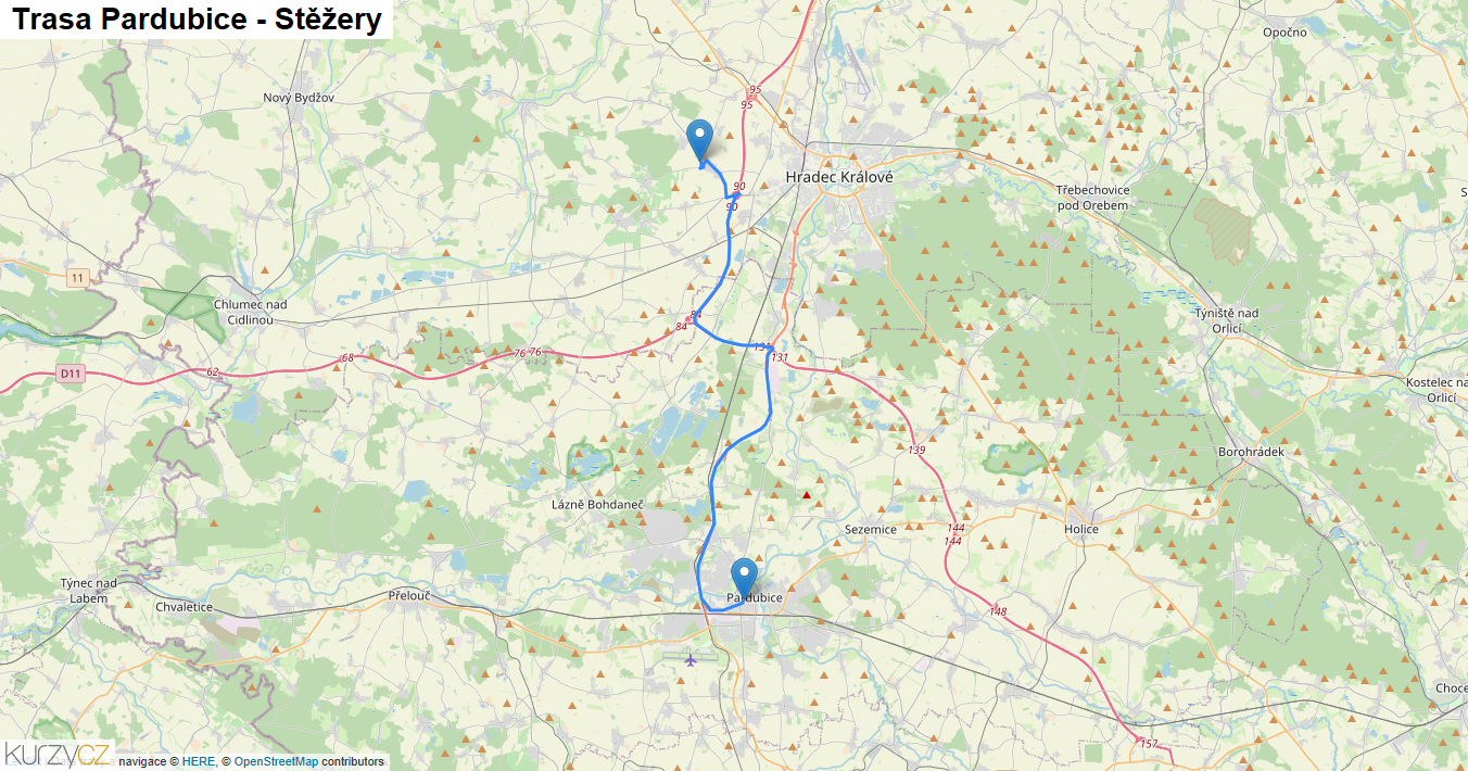 Pardubice-Stěžery, mapa trasy