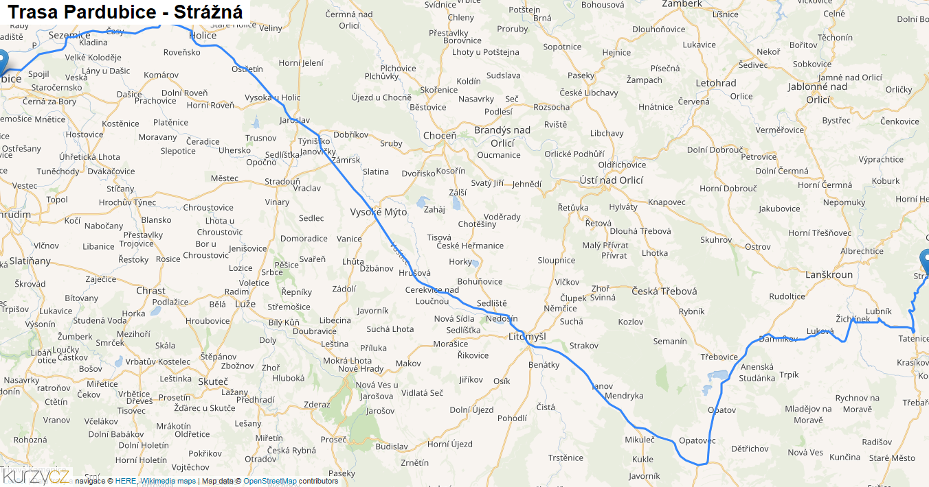 Pardubice-Strážná, mapa trasy