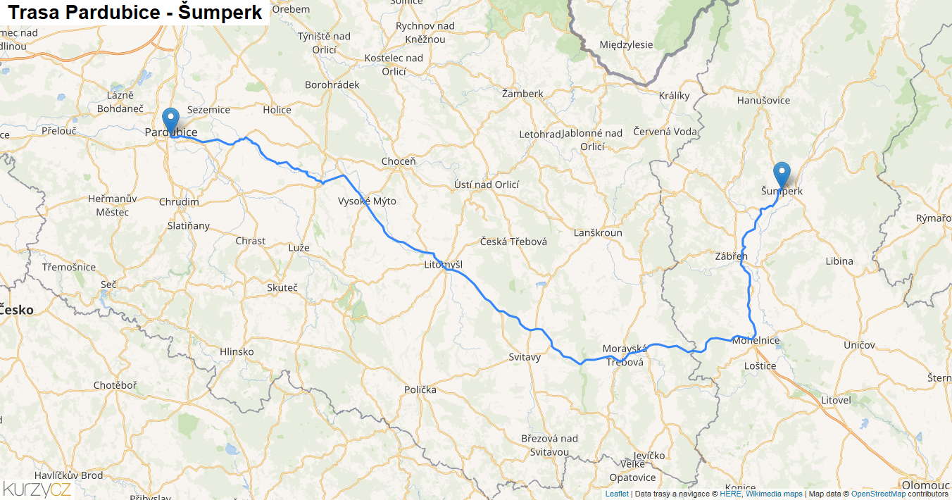 Pardubice-Šumperk, mapa trasy