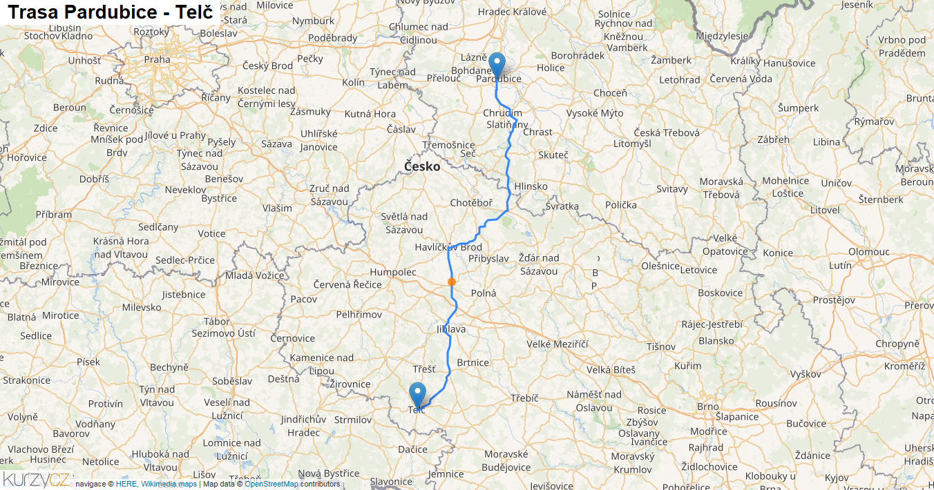 Pardubice-Telč, mapa trasy