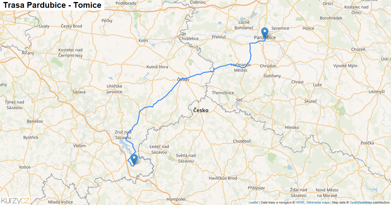 Pardubice-Tomice, mapa trasy